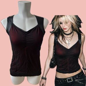 Vintage Y2K Whimsy Goth Mesh Corset Top Black Red Lace – Size S